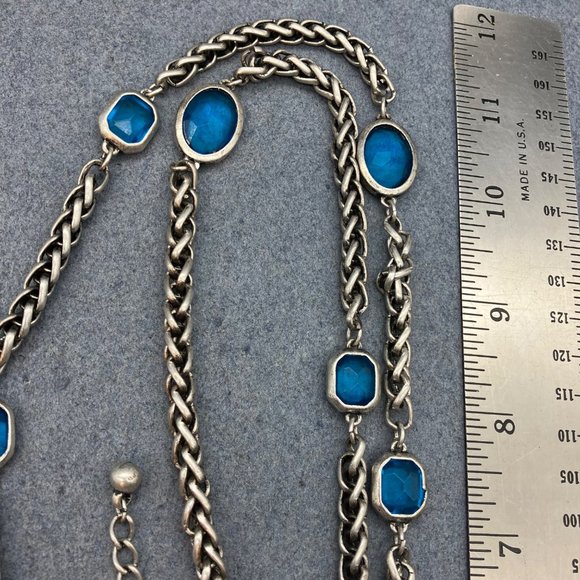 Chicos Long Necklace As Is Silver Chain Teal Blue Faceted Bezel Bead Retro BoHo - Picture 9 of 12